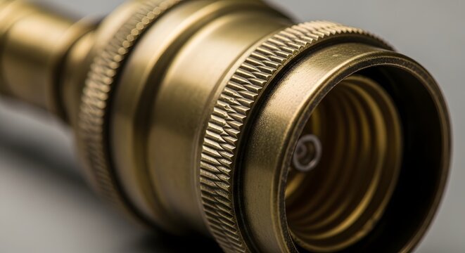 Close up view of a brass lamp socket with visible threads and a gray background
