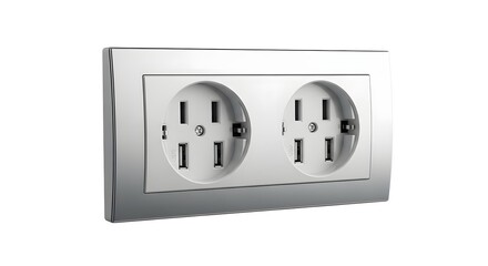 Close up of a double electrical outlet with usb ports on a white background wall