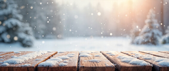 Empty wooden table with snowing background. Image can be used for display or montage your products.