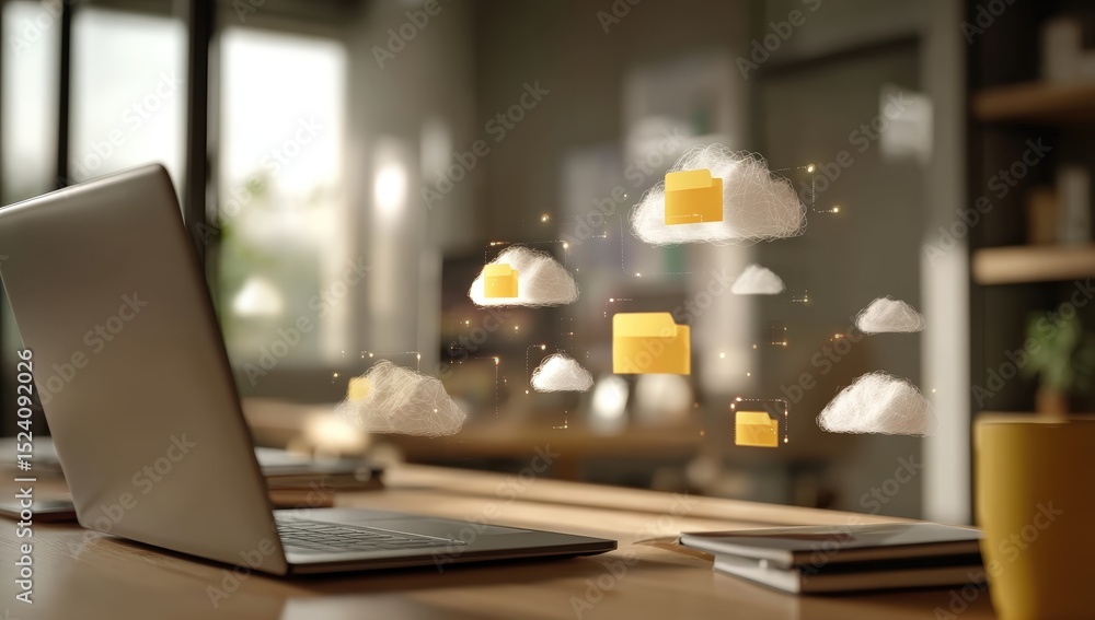 Poster a laptop on a desk with digital cloud storage icons and folders floating above, representing cloud c