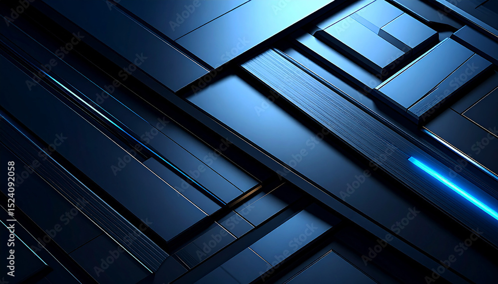 Poster abstract blue tech texture: dark blue metallic geometric shapes intersect and overlap, creating a dy