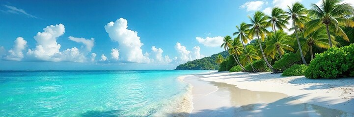 Lush green tropical island paradise with white sand beach, turquoise ocean, and swaying palm trees under a vibrant blue sky Perfect for relaxation and escape , nature, pacific, indian ocean