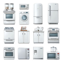 Diverse Collection of Modern Kitchen Appliances Including Stove, Refrigerator, Microwave, Washer, and More in Clean White Finish for Home Design