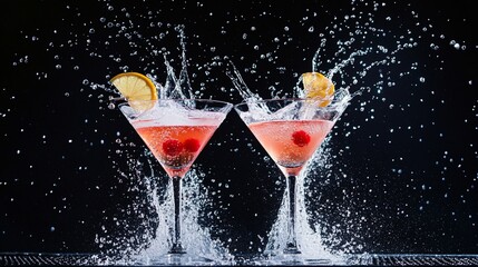 Refreshing cocktails splashing in elegant glasses, showcasing vibrant colors and dynamic movement, perfect for promotions, events, or holiday celebrations with flair!