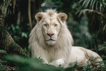 Obraz premium Majestic White Lion Resting Among Lush Green Jungle Flora