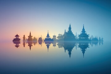 Naklejka premium Serene Silhouette of Temples Beside Calm Water at Dawn