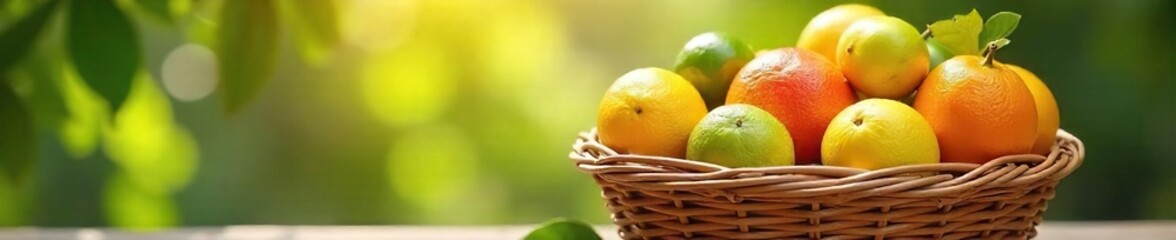 A overflowing basket brimming with assorted free citrus fruits; lemons, limes, oranges, and grapefruits, bathed in sunlight Perfect for health, wellness, and summer themes , colorful, wellness