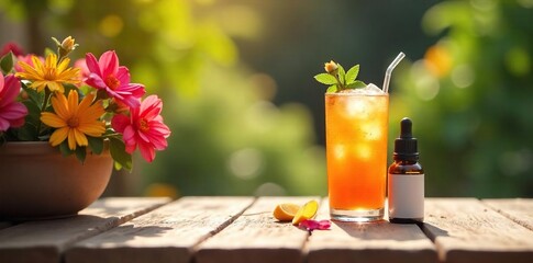 Sun-drenched patio with vibrant summer flowers, a refreshing iced drink, and a homeopathic remedy bottle subtly placed nearby, evoking a sense of calm and natural well-being , healing, lemonade