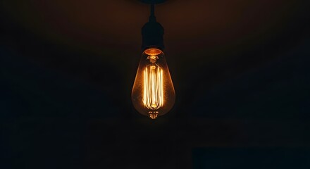 A glowing edison bulb hanging from the ceiling against a dark and shadowy background