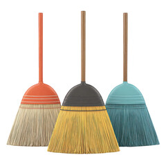 Colorful Cleaning Brooms in Various Styles for Household or Commercial Use Featuring Bright Handles and Different Brush Designs