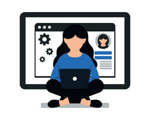 Flat illustration in blue and black tones. A woman is sitting cross-legged with a laptop on her lap, positioned in front of a large computer screen displaying interface elements: user profile, setting