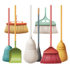Variety of Cleaning Tools with Colorful Brooms and Dustpans for Effective Home Maintenance and Organization