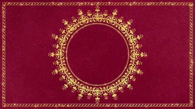 abstract golden floral round border frame on red paper texture with glitter stars animation, oriental decorative frame,ornamental luxury social media motion background	