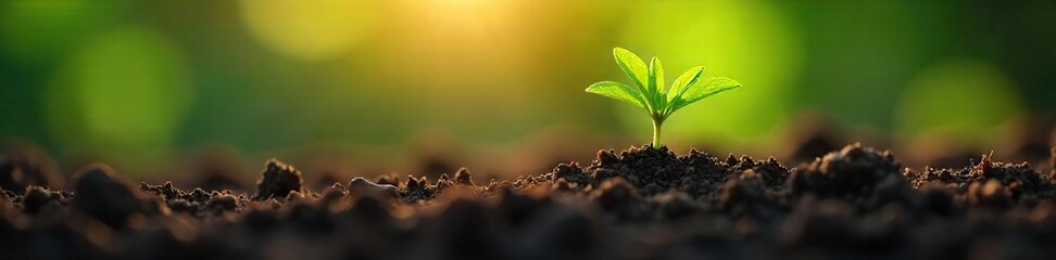 A single seed sprouts from rich, dark soil, reaching towards sunlight Early stages of growth, new life, potential, beginnings, nature's cycle , rich soil, life