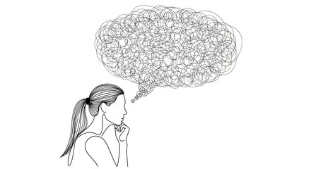 Thoughtful Woman with Abstract Thought Bubble Line Art Illustration