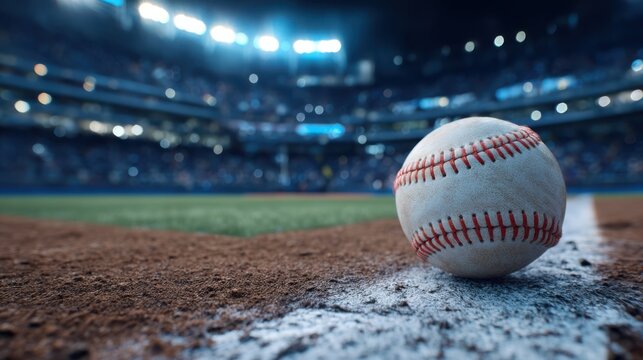 A baseball lies just outside the foul line at a stadium during a thrilling night game. Bright stadium lights illuminate the playing field while fans cheer in the background