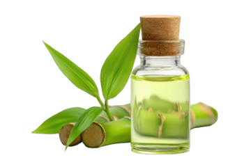 Green bamboo stalks and leaves with a small glass bottle of liquid