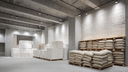 Industrial warehouse interior, concrete walls, stacked goods