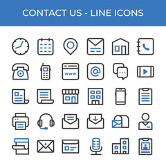 Set of contact icons, containing email, phone, address, customer service and more. Dual color line icons
