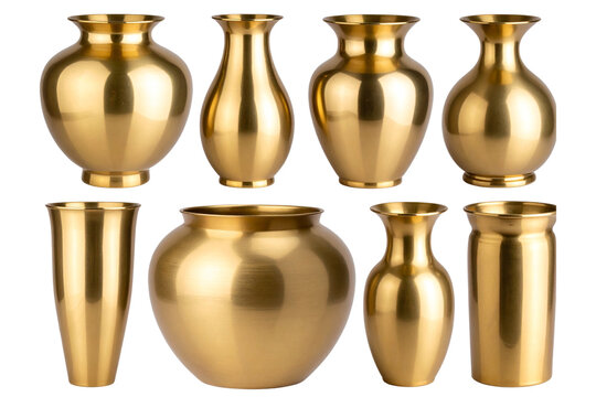 Set of Polished Brass Decorative Vase with Soft Reflections, isolated on a transparent background