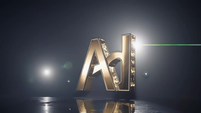 Golden ad logo is displayed on a reflective surface with varying light rays and lens flares, creating different moods and visual effects, suitable for intros, outros, and branding