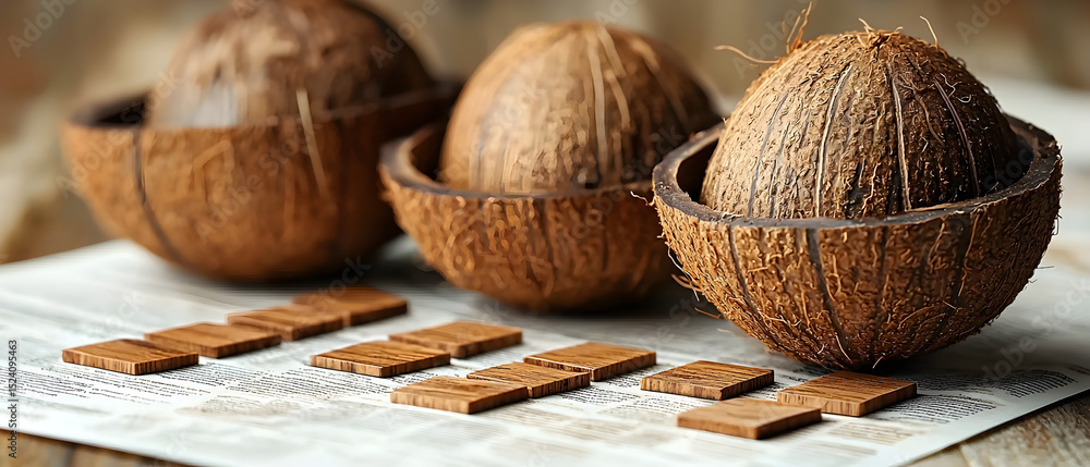 Poster three coconuts are on a table with a piece of paper