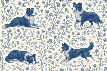 vintage toile pattern with border collie dogs and wildflowers in blue and white illustration style