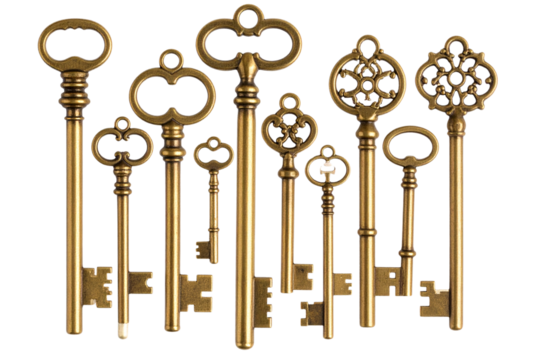 Set of Antique Brass Skeleton Key with Filigree Design, isolated on a transparent background - Powered by Adobe