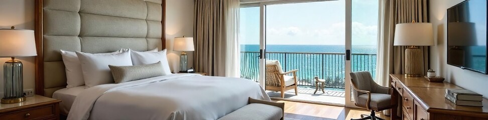 Luxury nautical-themed hotel suite with ocean view, featuring nautical decor, rope accents, and a comfortable seating area Perfect for a relaxing getaway , anchor, blue