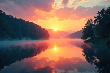 Serene sunrise over a tranquil lake, mist rising, conveying peace and inner reflection, perfect for a spirituality book cover , quietude, reflection, relaxation