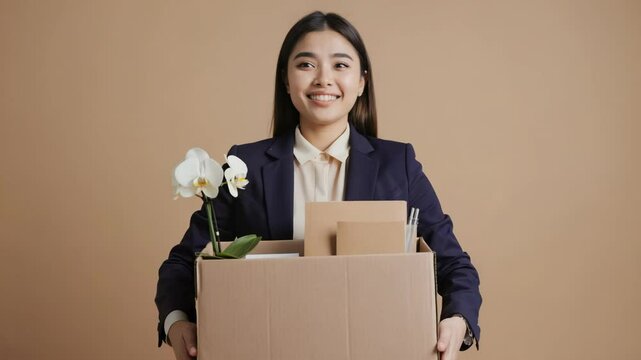Young woman smiling with office box and flower after quitting job, representing freedom, new beginnings, and career change