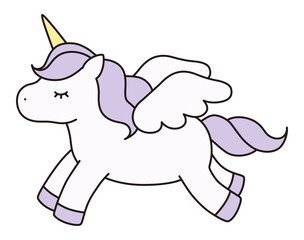 かわいいユニコーンのベクターイラスト。馬、動物、ドリーミー、羽、ペガサス、線