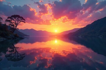 Serene sunrise over a tranquil lake, reflecting the vibrant colors of the awakening day, symbolizing inner peace and the flow of universal energy , awakening, clouds, meditation