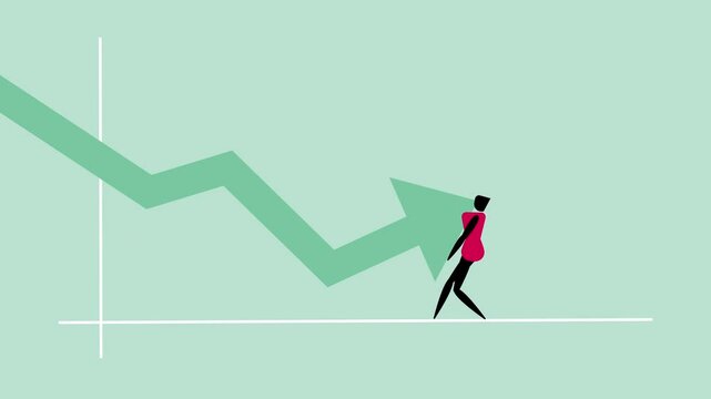 Upward Trend: business woman pushing a rising arrow, symbolizing overcoming challenges and achieving growth Graph stylized Illustration Animation - 4K Horizontal 12 sec. Video Seamless Loop