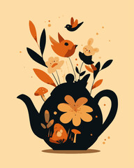 Charming Cartoon Teapot with Birds and Flowers in Playful Illustration Style