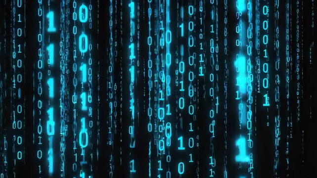Digital binary code stream on dark background, symbolizing data, information flow, programming and cyber technology
