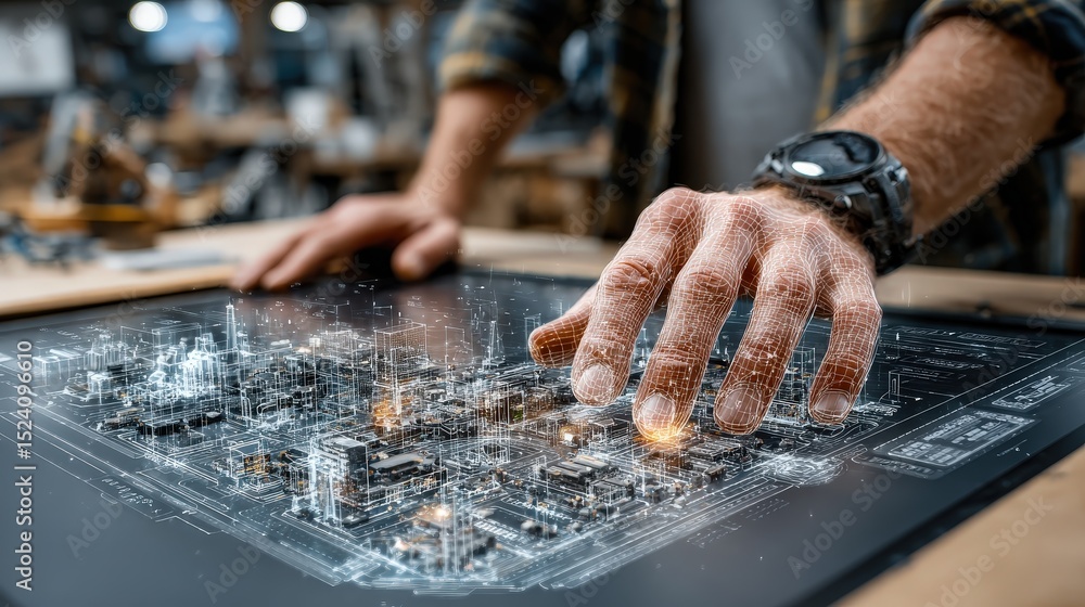 Poster Close-up of person's hand touching circuit board while engaging in professional digital visuals for team projects