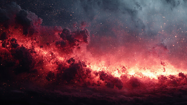 Dramatic red nebula cloudscape with starry sky background artistic rendition