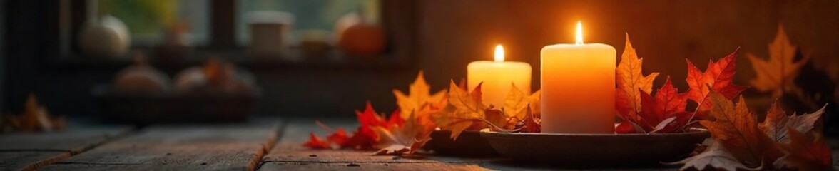 Warm, inviting glow of candlelight illuminating autumn leaves and seasonal decorations Perfect for fall, Thanksgiving, or harvest themes Cozy, rustic, and atmospheric , autumn leaves, brown