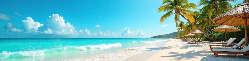 Vibrant summer scene with sun-drenched beach, turquoise ocean waves, and bright blue sky Perfect for vacation, travel, and holiday themes , escape, water