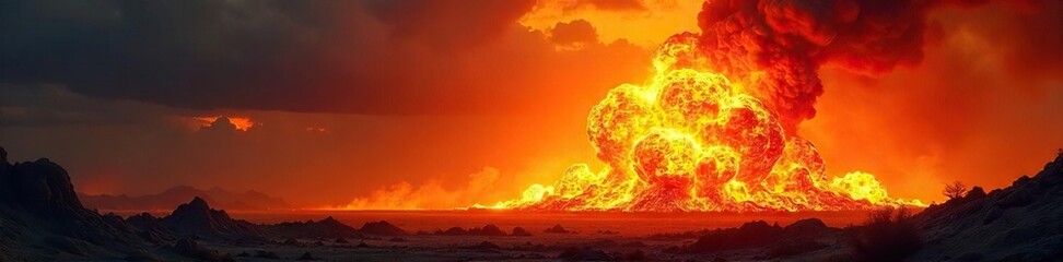 Spectacular fiery explosion, intense heat and light radiating outwards, engulfing everything in its path, a dramatic display of destructive power , might, fiery