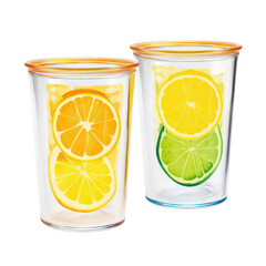 Colorful Transparent Plastic Cups with Lemon and Lime Slices Creating a Refreshing Summer Drink Vibe Ideal for Summer Parties and Outdoor Gatherings