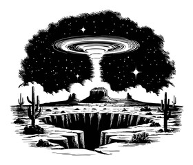 Black and White Engraving of a Cosmic Event Over a Desert Landscape