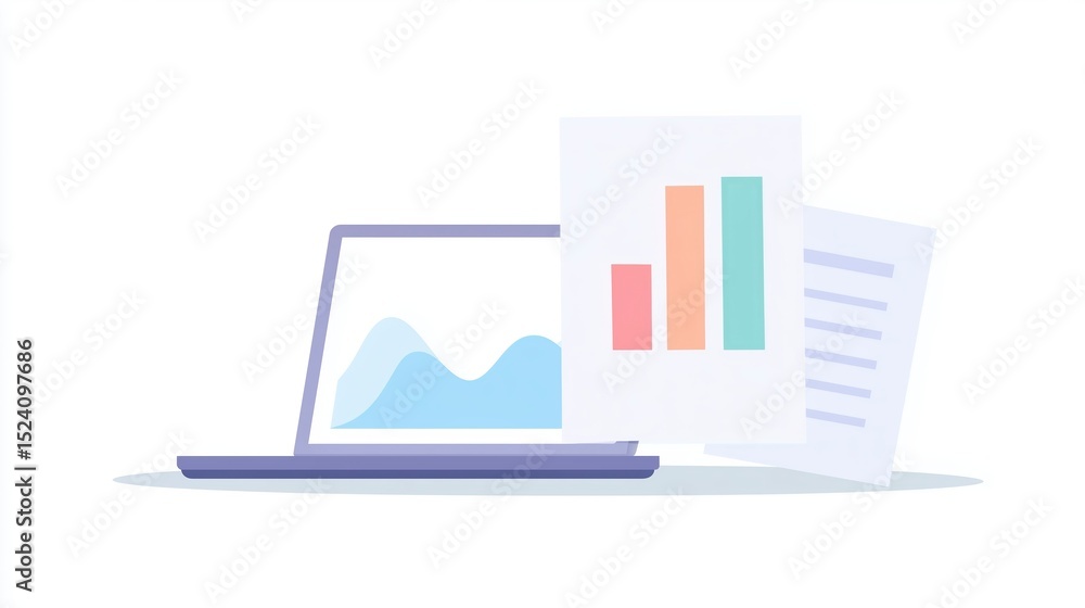 Poster laptop displaying data visualization with colorful graphs and documents, illustrating modern analyti