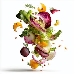 Flying Fresh Salad Ingredients Isolated on White