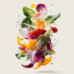 Flying Fresh Salad Ingredients Isolated on White