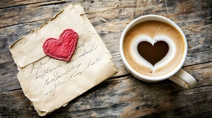 A cup of coffee with heart-shaped foam art resting on a wooden table beside a love letter