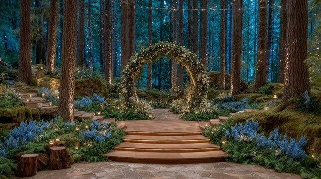 Enchanted Forest Wedding Ceremony  Floral Arch  Wooden Steps  Romantic Lighting