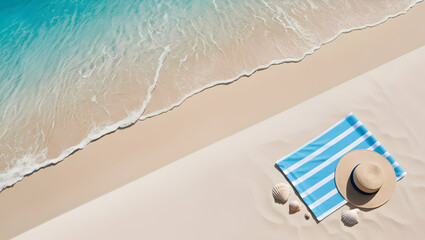 Aerial view of beach with towel hat and seashells laid
