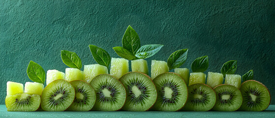 A row of sliced kiwi fruit with green leaves on top